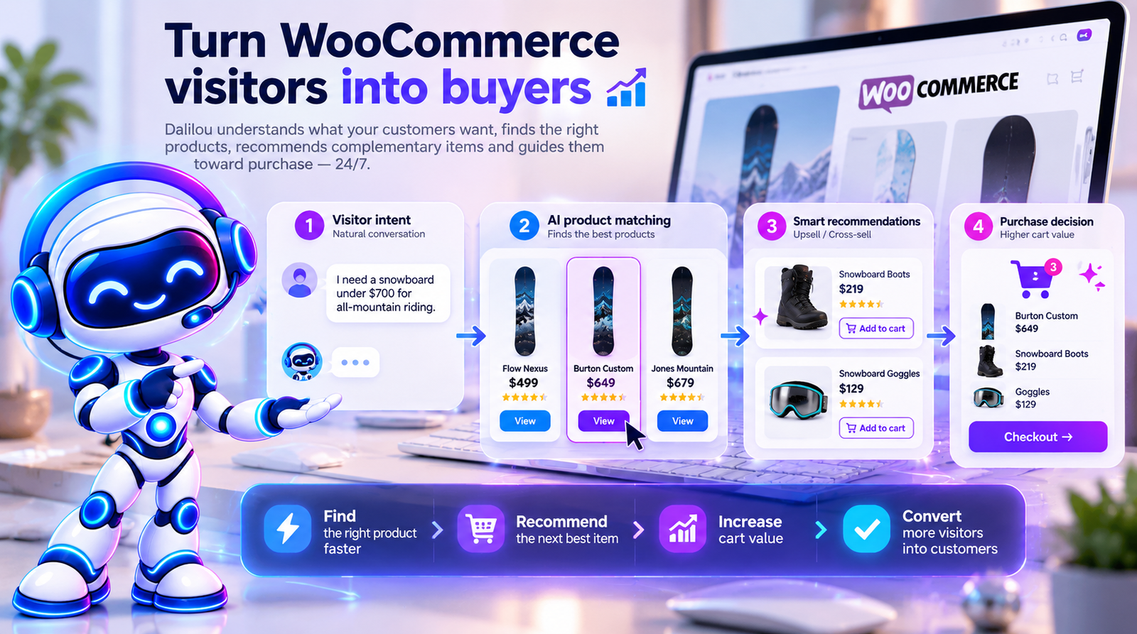 Dalilou AI Sales Agent guiding WooCommerce shoppers from product discovery to recommendations, upsell and checkout
