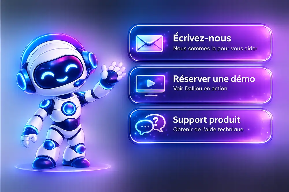 Assistant Dalilou avec options de contact, démonstration et support produit