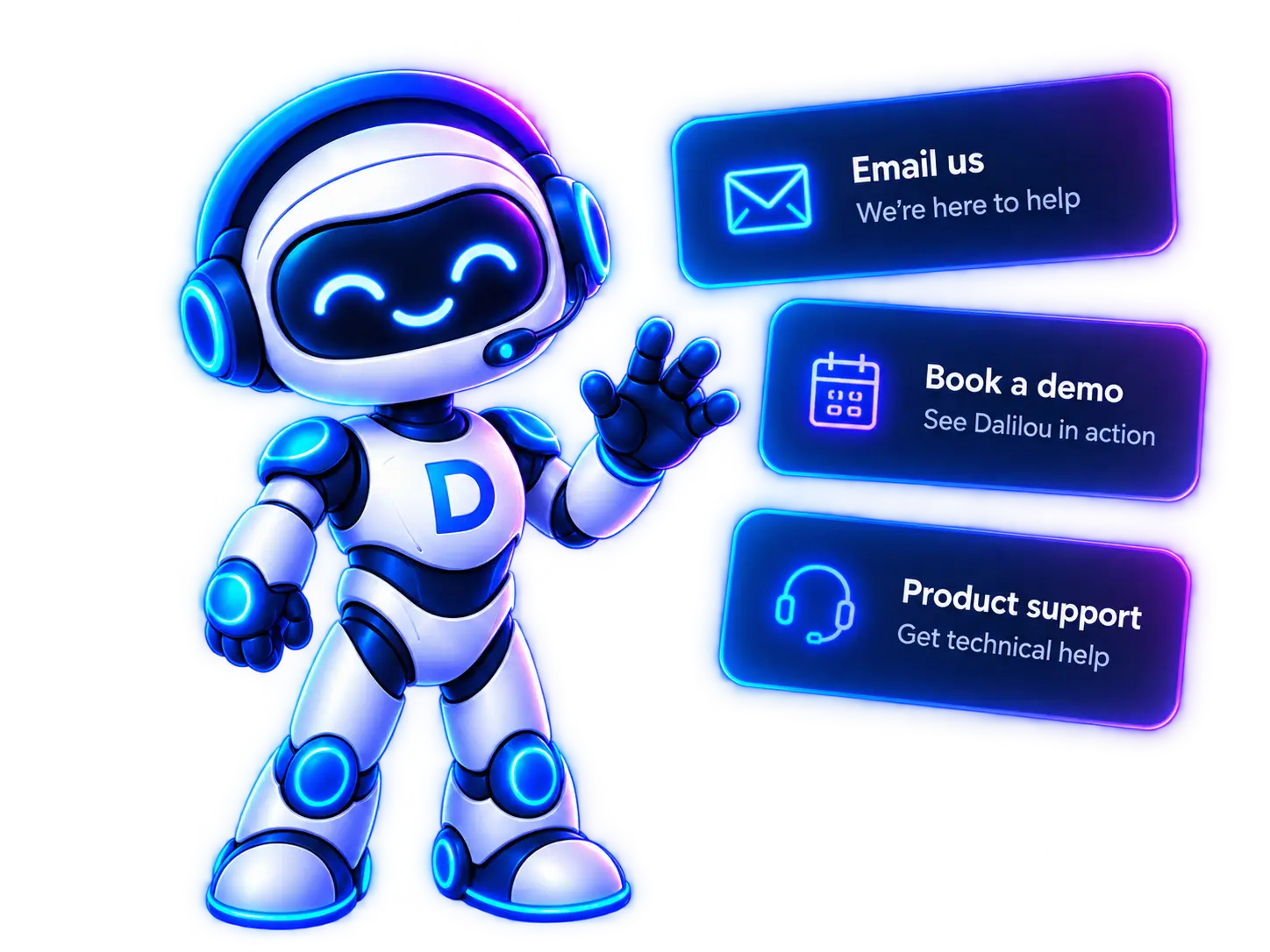 Dalilou contact assistant with email, demo and product support options